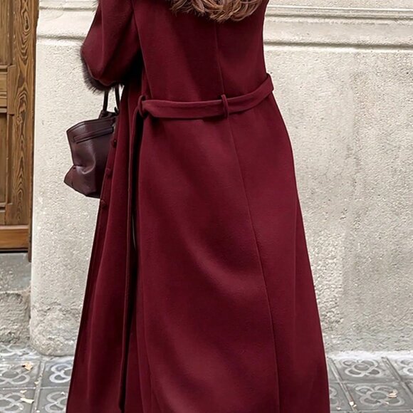 Burgundy Elegant Women's Faux Fur Collar Design Long Belted Coat - Picture 7 of 7
